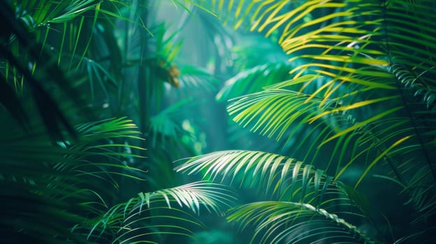 A close up of a tropical jungle with many green leaves