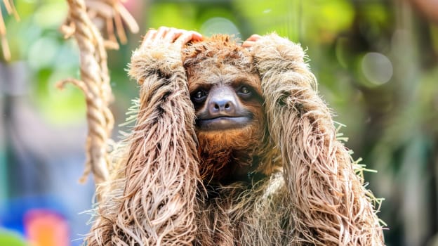 A sloth with long hair covering its face and head