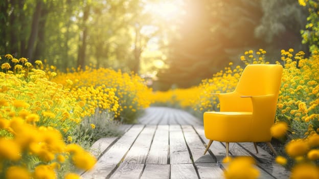 A yellow chair sitting on a wooden walkway surrounded by flowers