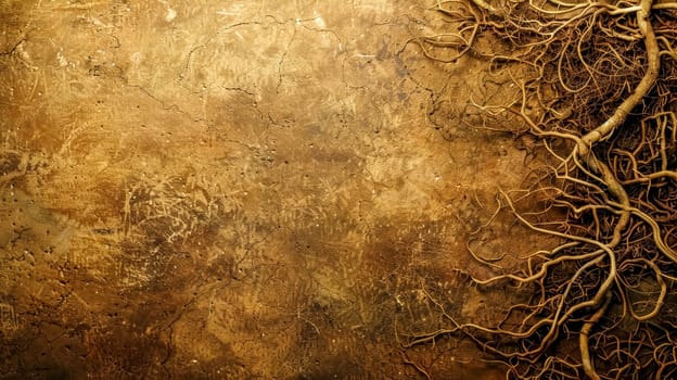 High-quality image of natural roots overlaying a rough, earth-toned background