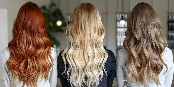 Three women with distinctively colored hair are gathered in a room, showcasing layers and step cutting in their long hairstyles for a fashion design event