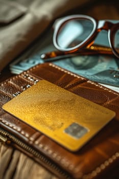 gold credit card and wallet on the table.