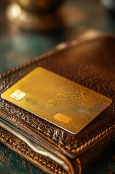 gold credit card and wallet on the table.