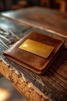 gold credit card and wallet on the table.