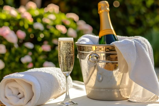 A bottle of chilled champagne in an ice bucket and two glasses on the table.