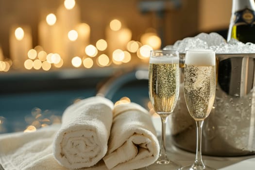 A bottle of chilled champagne in an ice bucket and two glasses on the table.