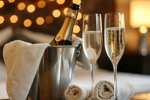 A bottle of chilled champagne in an ice bucket and two glasses on the table.