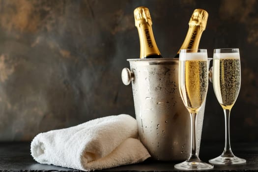 A bottle of chilled champagne in an ice bucket and two glasses on the table.