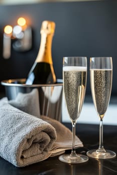 A bottle of chilled champagne in an ice bucket and two glasses on the table.