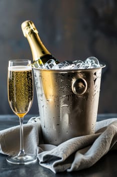 A bottle of chilled champagne in an ice bucket and two glasses on the table.