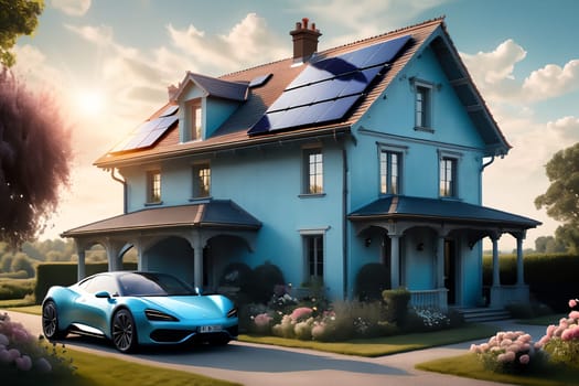 house with solar panels on the roof . AI generated image.