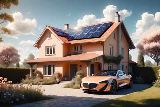 house with solar panels on the roof . AI generated image.