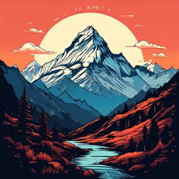 Serene painting capturing majesty of mountains, trees silhouetted against vibrant sunset. For meditation, mindfulness materials. Interior decor in spaces aiming for peaceful ambiance, natural beauty