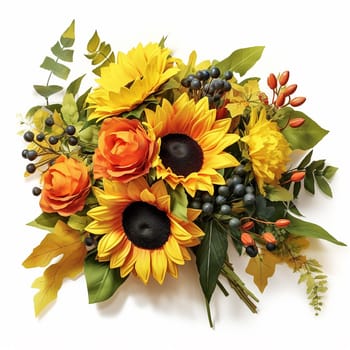 A vibrant arrangement of sunflowers and orange blossoms interspersed with greenery and berries.