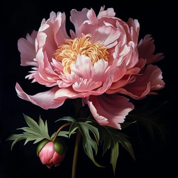 An intricate painting of a pink peony with a bud against a dark background.