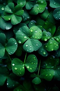 Green clover leaves with water droplets after rain.