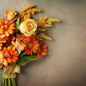 A bouquet with orange flowers, roses, and wheat on a textured background.