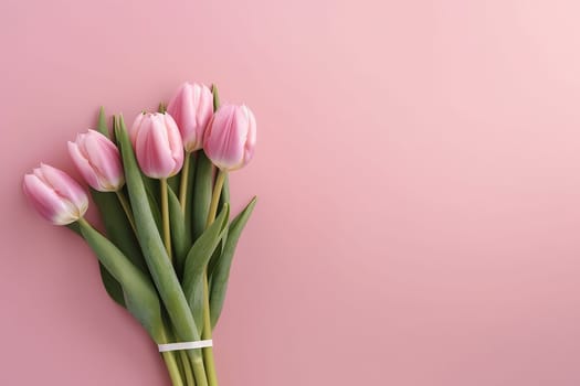 A bouquet of pink tulips on a pastel pink background.