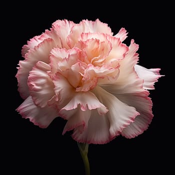 A delicate pink and white carnation against a black background.
