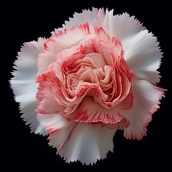 Elegant white carnation with pink fringed petals isolated on black background.