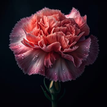 Close-up of a dew-kissed, pink carnation against a dark background