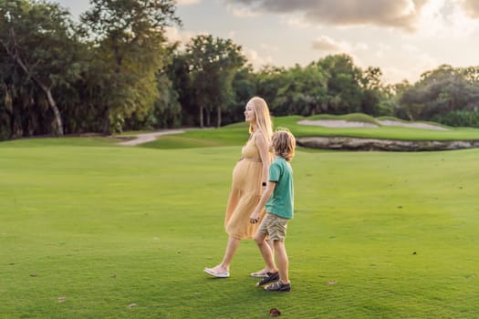 Heartwarming outdoor bonding as a pregnant mom and her son enjoy quality time together, savoring the beauty of nature and creating cherished moments.