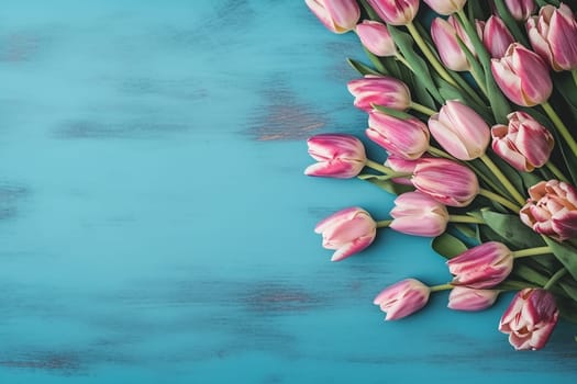 Pink tulips arranged diagonally on blue background.