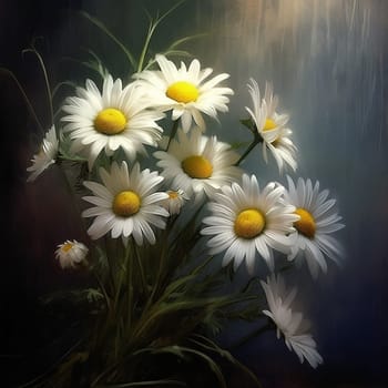 A bouquet of white daisies against a moody, dark backdrop, highlighting their pristine beauty.