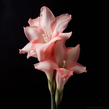 Elegant pink amaryllis blooms against a dark background.