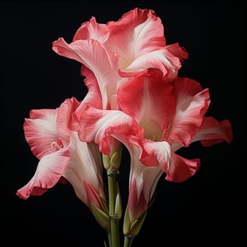 A vibrant pink and white amaryllis flower against a black background.