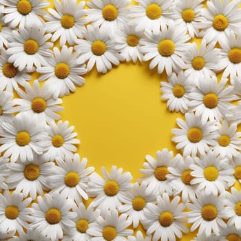White daisies forming a heart shape on a yellow background.