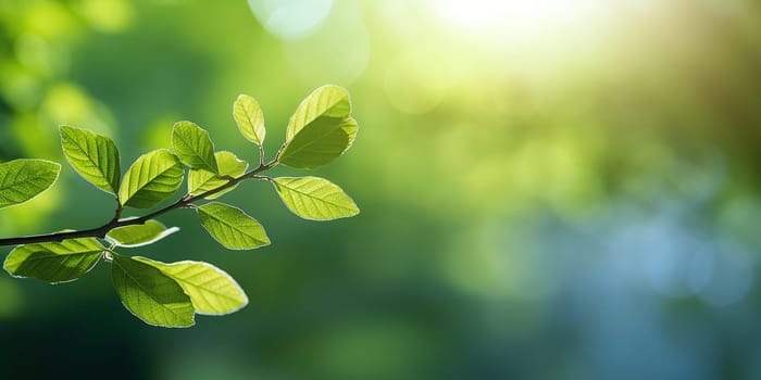 Green leaves on a branch with sunlight filtering through.