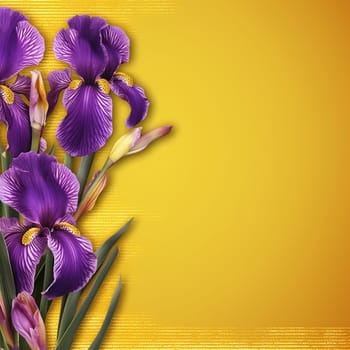 Vibrant purple iris flowers on a yellow background, with copy space.