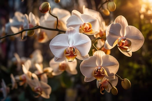 White orchids with a sunset backlight in a garden.