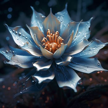 A close-up of a blue flower with dew drops.