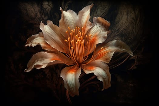 An artistic depiction of a blooming flower with dark, intricate background.