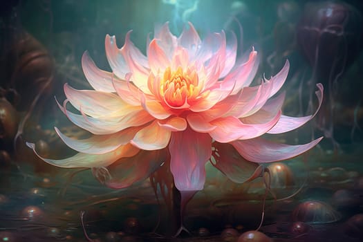 A radiant, mystic flower glows amidst a surreal, enchanted forest setting.