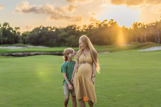 Heartwarming outdoor bonding as a pregnant mom and her son enjoy quality time together, savoring the beauty of nature and creating cherished moments.