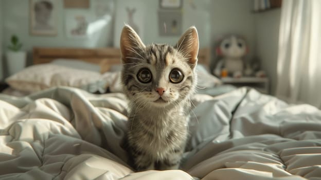 A small kitten sitting on top of a bed with white sheets