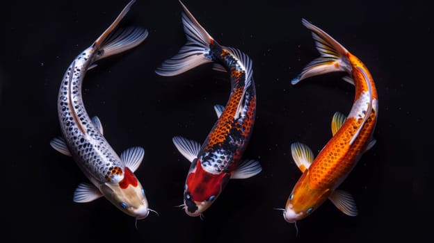 Three koi fish swimming in a dark water surface