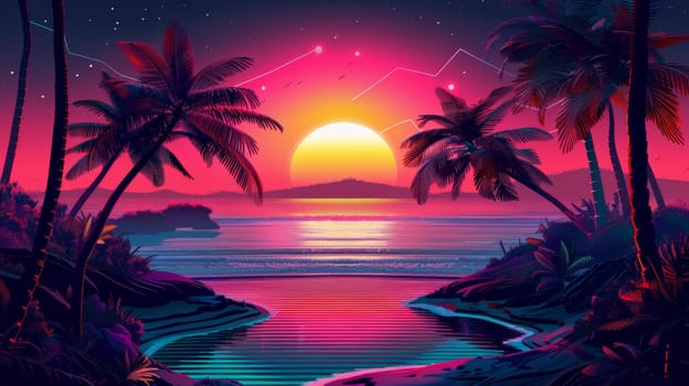 A sunset with a tropical setting and palm trees