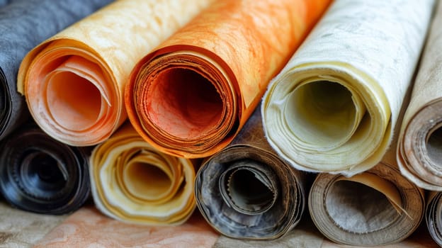 A close up of a bunch of rolls of fabric on top of each other