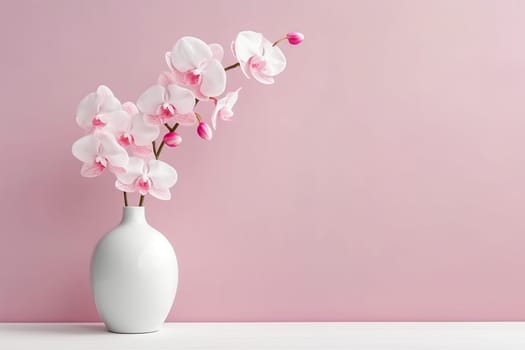 A white vase with pink orchids against a pastel pink background on a white surface.