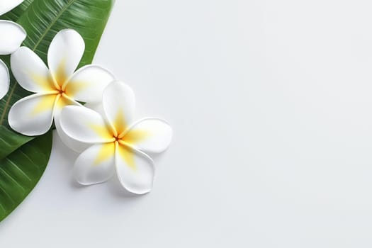 Two white and yellow plumeria flowers beside a green leaf on white background.