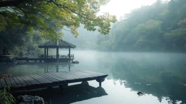 A pier on a lake with trees and water in the background