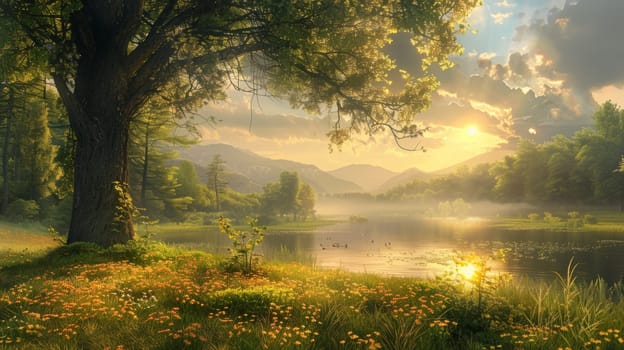 A beautiful painting of a lake with trees and flowers