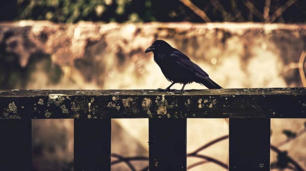 A black bird sitting on a wooden fence post