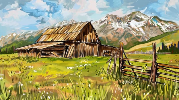 A painting of a barn in the mountains with snow on it