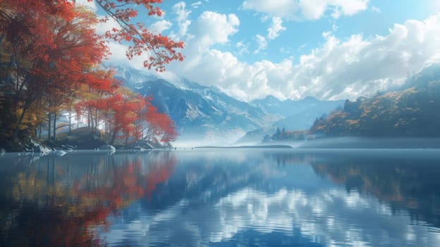 A lake with trees and mountains in the background