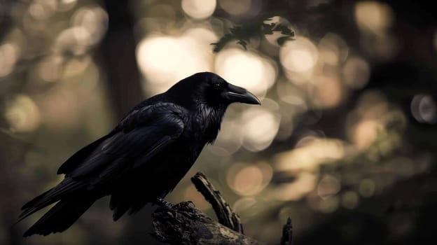 A black bird perched on a branch in the woods